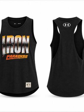 Under Armour Black Tank with Silver and Orange 'IRON PARADISE' Print